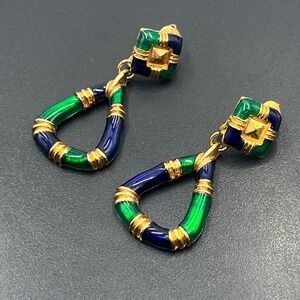David Hill Vintage Signed Blue Green Enamel Geometric Door-Knocker Clip Earrings